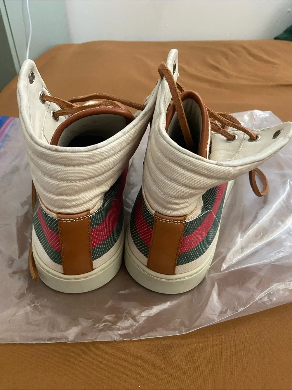 Gucci Web Canvas High-Top Sneakers in Cream and Brown - Picture 3 of 5